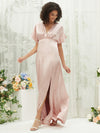 Blush Satin V-Neck Flutter Sleeve Flowy Slit Floor Length Bridesmaid Dress Jesse for Women from NZ 