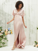 Dusty Pink Satin V-Neck Flutter Sleeve Flowy Slit Floor Length Bridesmaid Dress Jesse for Women from NZ 