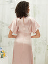 Blush Satin V Neck Flutter Sleeve Flowy Slit Floor Length Bridesmaid Dress Jesse for Women from NZ Bridal
