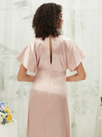 Dusty Pink Satin V Neck Flutter Sleeve Flowy Slit Floor Length Bridesmaid Dress Jesse for Women from NZ Bridal