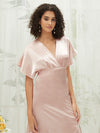 Dusty Pink Satin V-Neck Flutter Sleeve Flowy Slit Floor Length Bridesmaid Dress Jesse  from NZ 