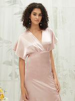 Blush Satin V-Neck Flutter Sleeve Flowy Slit Floor Length Bridesmaid Dress Jesse  from NZ 