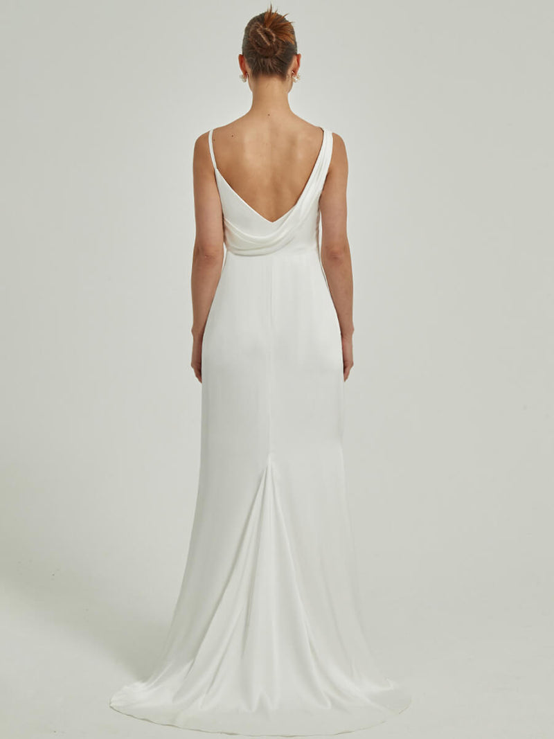 Sheath Button Slit V-Back Wedding Dress with Train-Emilia