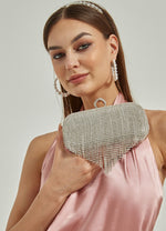 Silver Evening Artificial Tassel Diamond Party Clutch with Wrist Handle