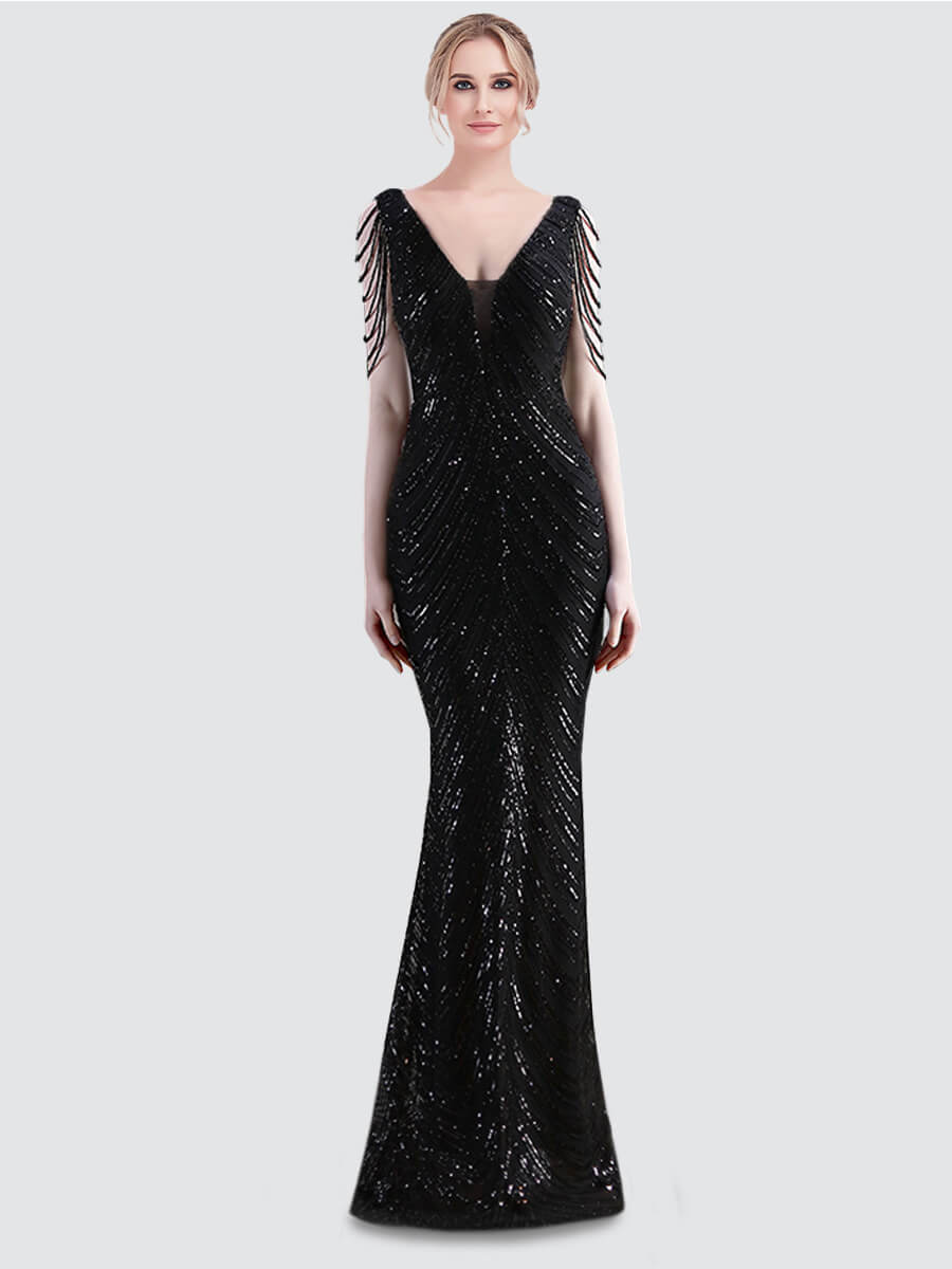 Black Tassel Sleeves Sequin Prom Dress 18691yey Camilla NZ Bridal a