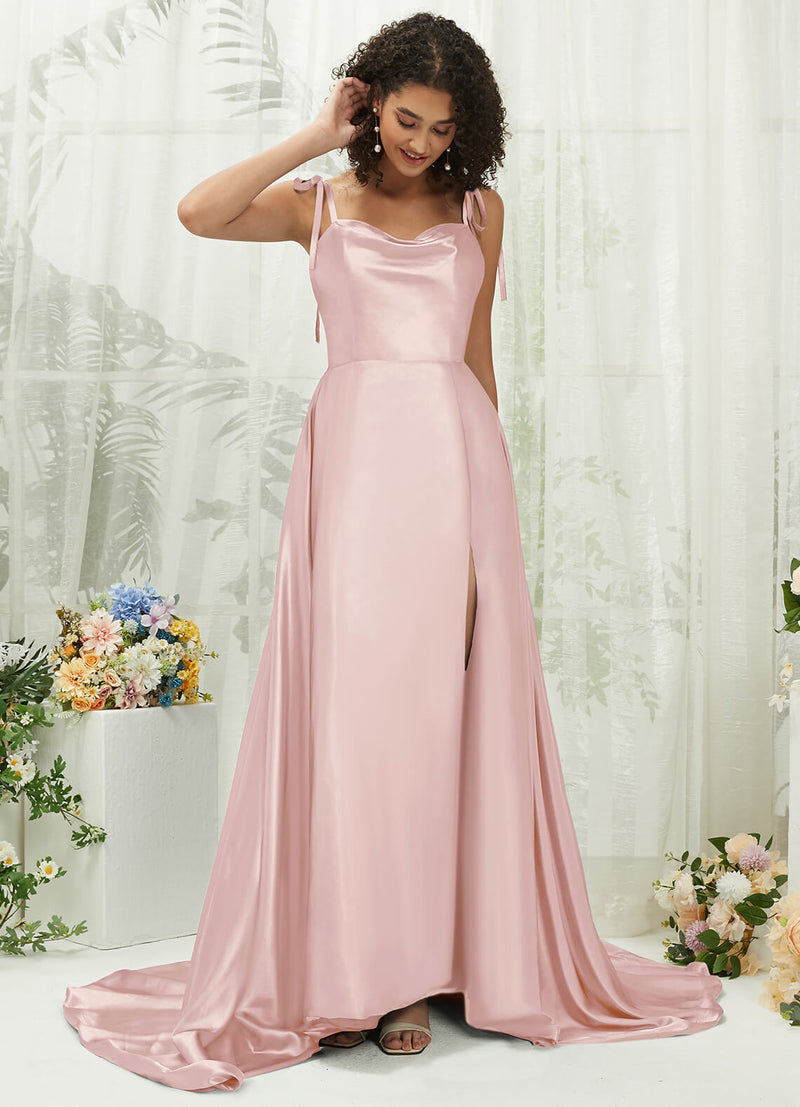 Blush Cowl Neck Slit Satin bridesmaid dresses XC30113 Juliet NZ Bridal  a