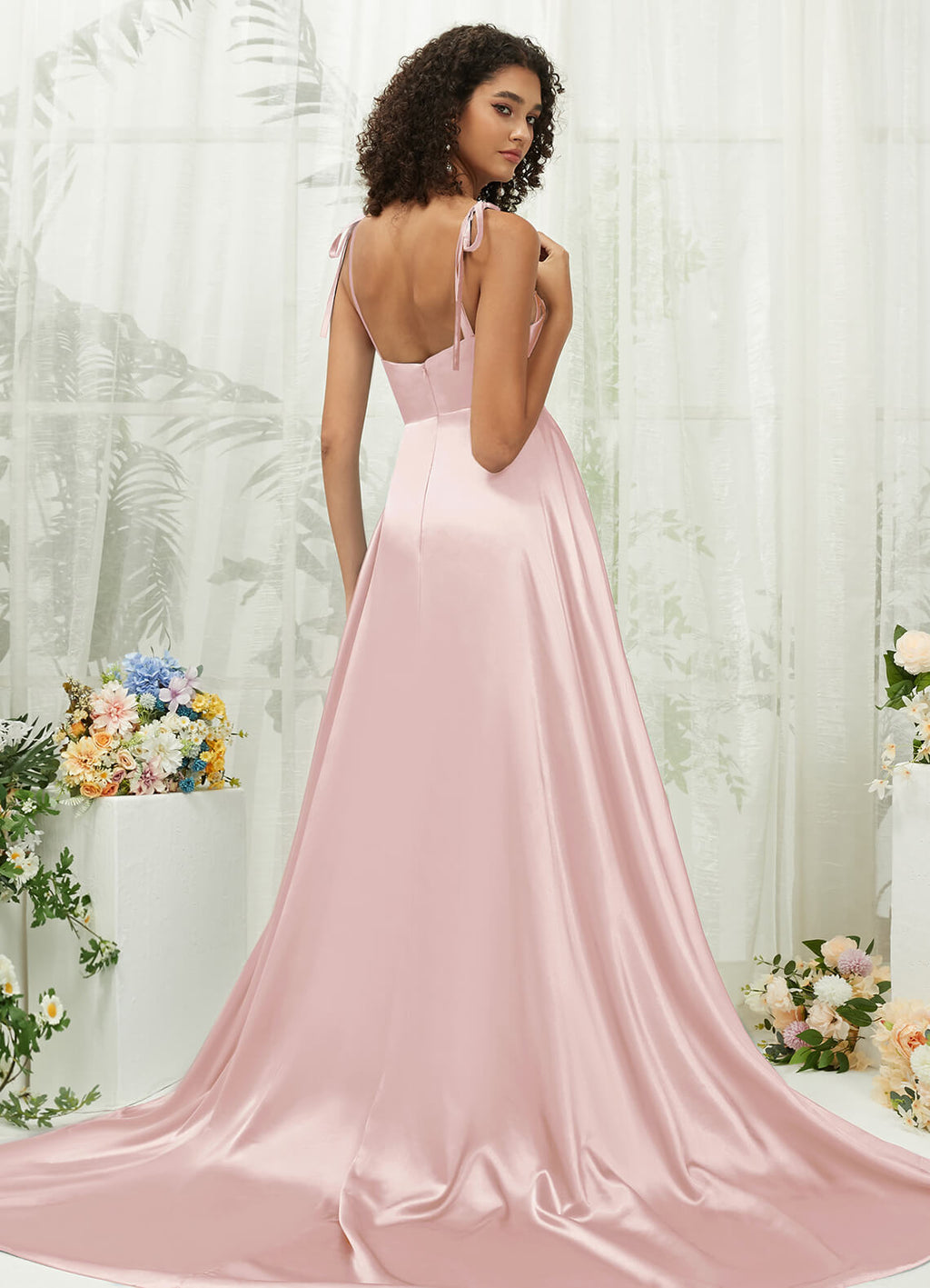 Blush Cowl Neck Slit Satin bridesmaid dresses XC30113 Juliet NZ Bridal  a