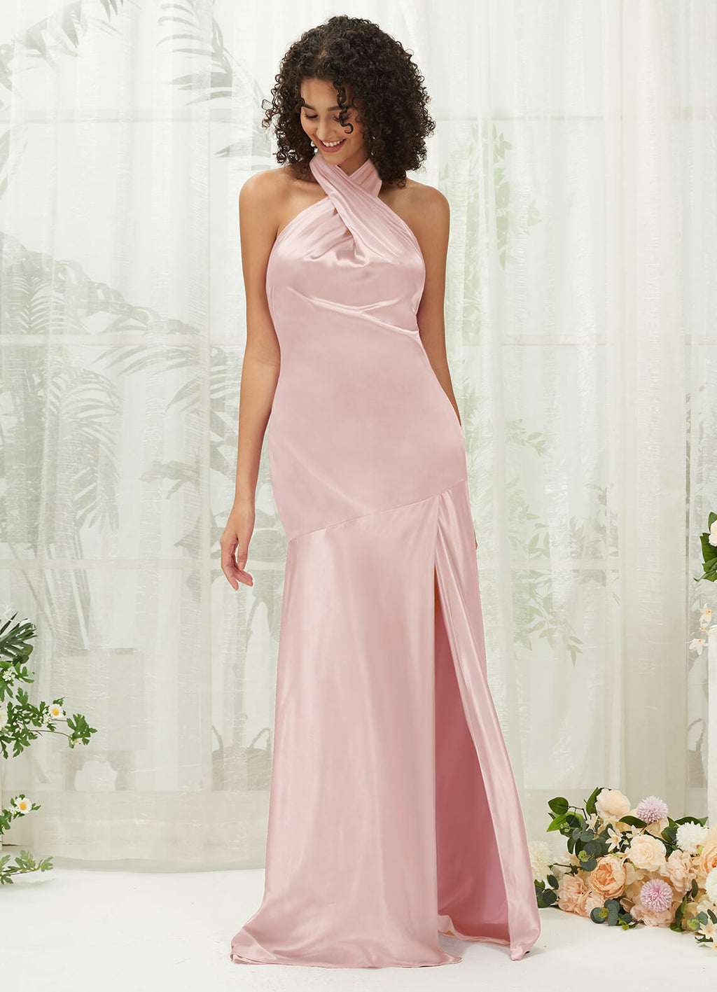 Blush Halter Slit Satin bridesmaid dresses NZ Bridal R30517 Athena a