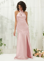 Blush Halter Slit Satin bridesmaid dresses NZ Bridal R30517 Athena a