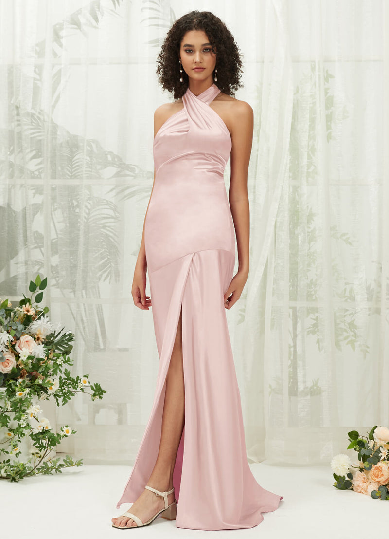 Blush Satin Halter Neck Sleeveless Maxi Bridesmaid Dress With Slit NZ Bridal Blush Satin Halter Neck Sleeveless Maxi Bridesmaid Dress With Slit NZ Bridal