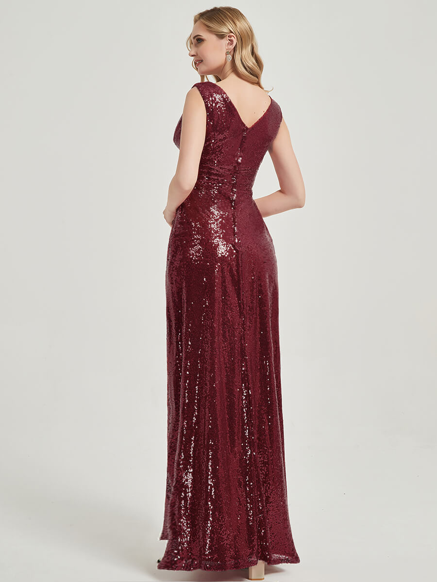 Burgundy V Cutting Sleeveless Sequined Bridesmaid Dress - Dawson