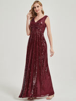 Burgundy V Cutting Sleeveless Sequined Bridesmaid Dress - Dawson