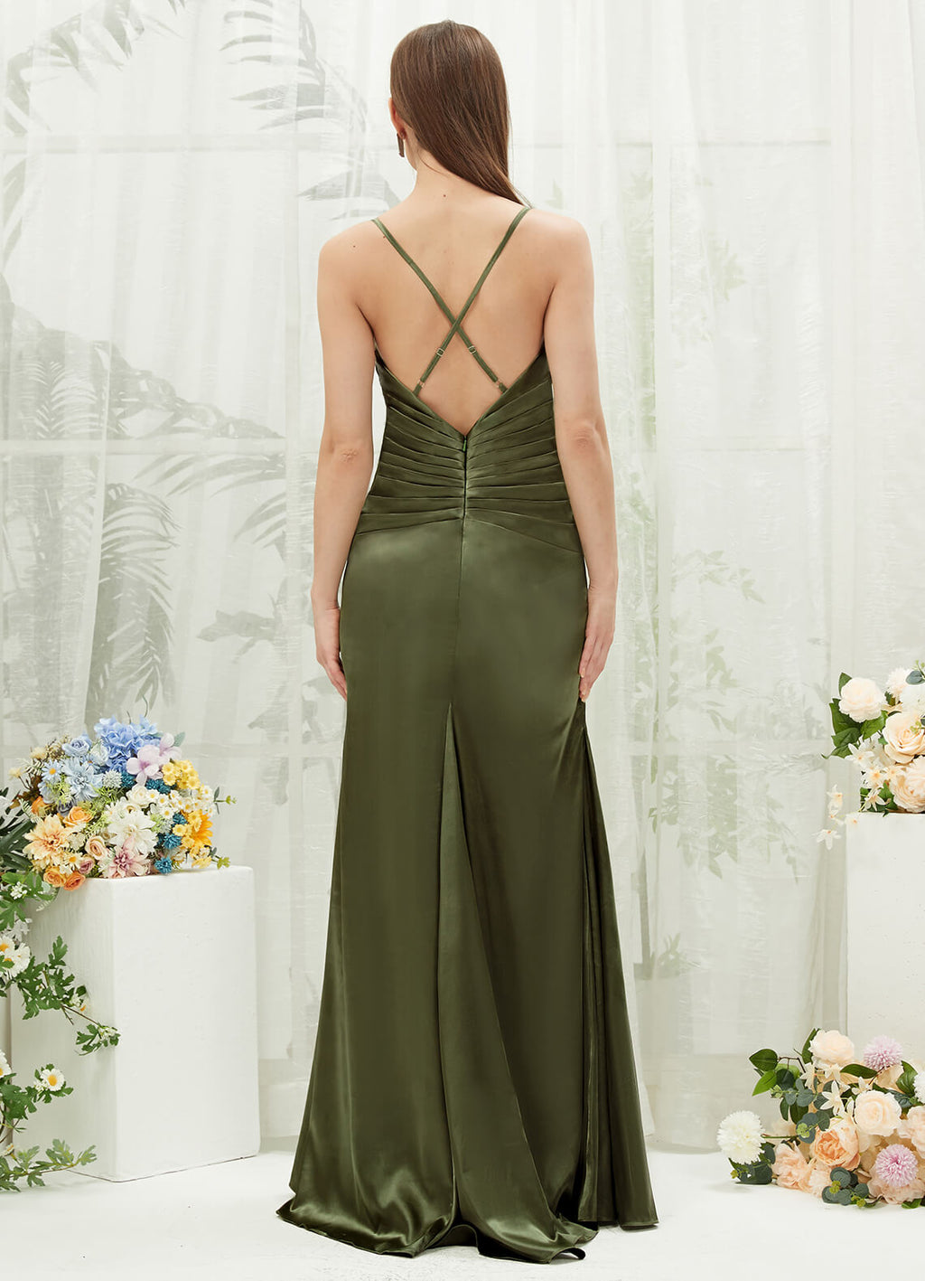 Satin Cowl Neckline Adjustable Sexy Backless Cross Straps Bridesmaid Dress Rory
