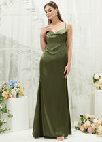 Olive Satin Cowl Neckline Adjustable Sexy Backless Cross Straps Bridesmaid Dress Rory for Women