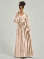  Champagne 34 Sleeves Maxi Satin bridesmaid dresses AM31004 Josie NZ Bridal a