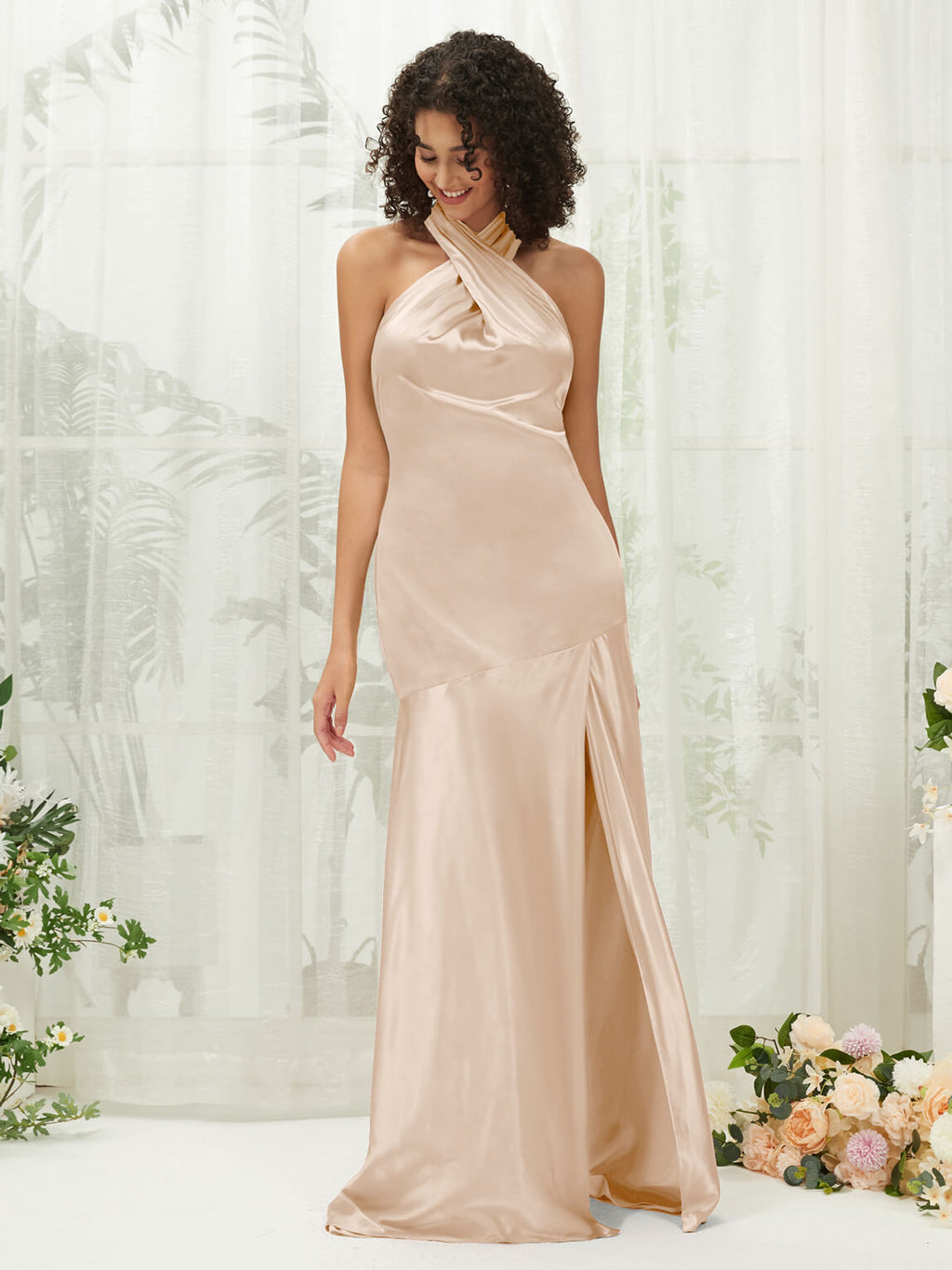 Champagne Halter Sleeveless Satin bridesmaid dresses R30517 Athena NZ Bridal a