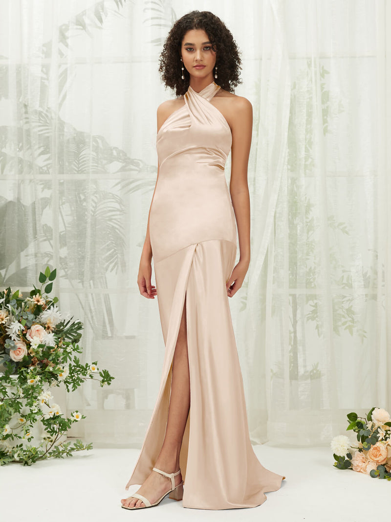 Champagne Halter Sleeveless Satin bridesmaid dresses R30517 Athena NZ Bridal d