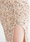 Champagne Gold Luxury Sequin SweetheartStrapless Slit Mermaid Formal Gown detail2