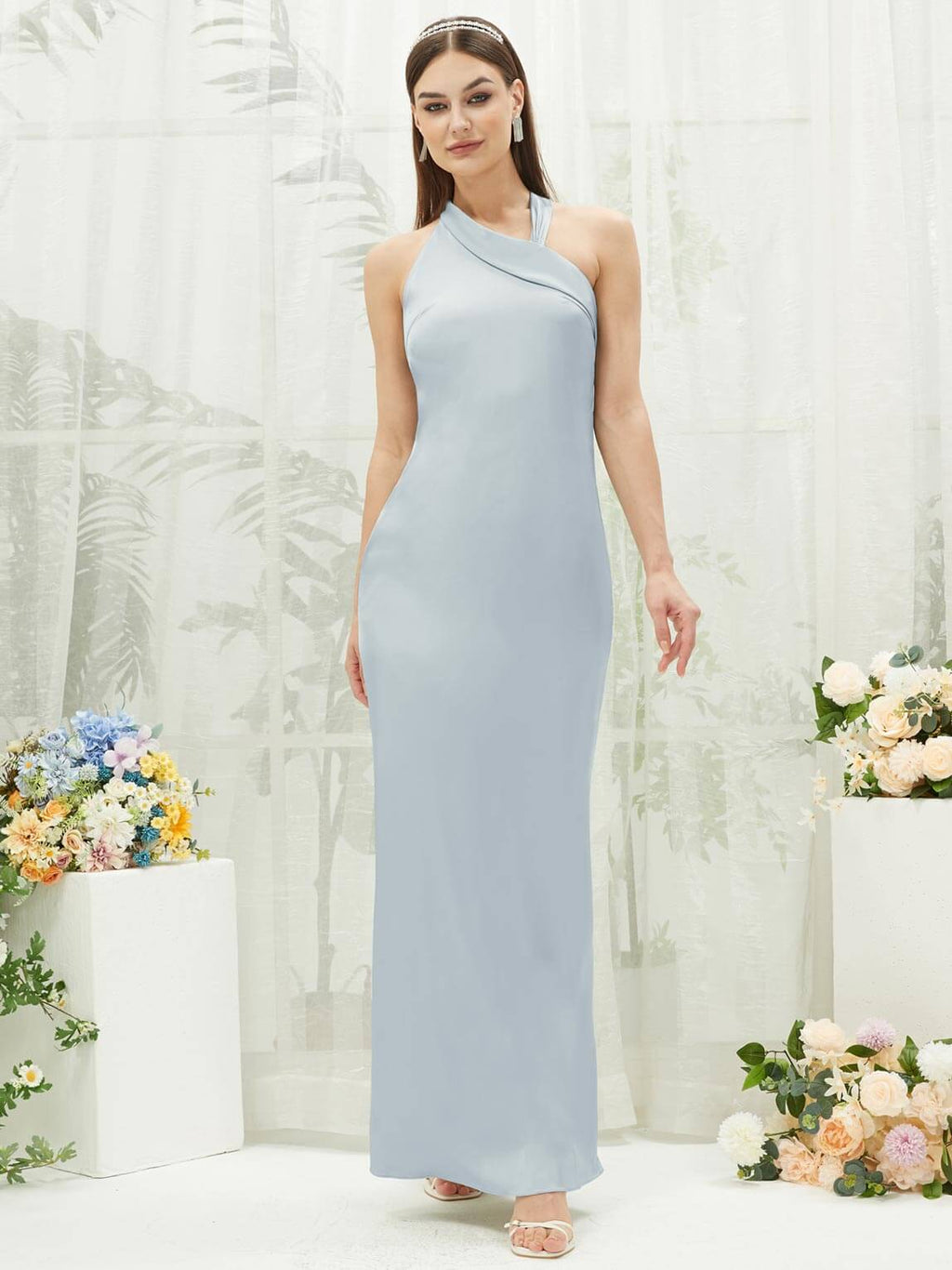 Cornflower Blue Halter Neck Satin bridesmaid dresses EB30520 Emerson NZ Bridal a