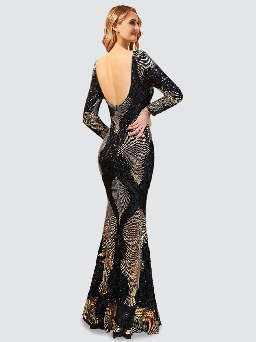 Dark Navy Long Sleeves Backless Sequin Prom Dress 023JQ Madison NZ Bridal a