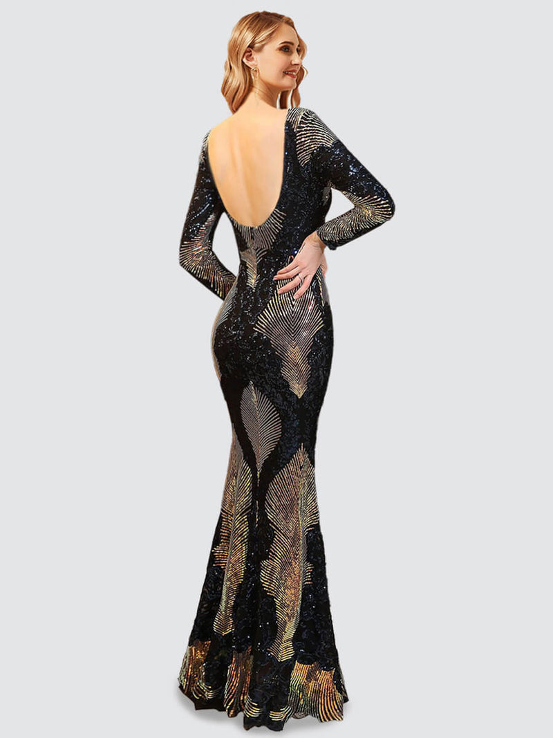 Dark Navy Long Sleeves Backless Sequin Prom Dress 023JQ Madison NZ Bridal b