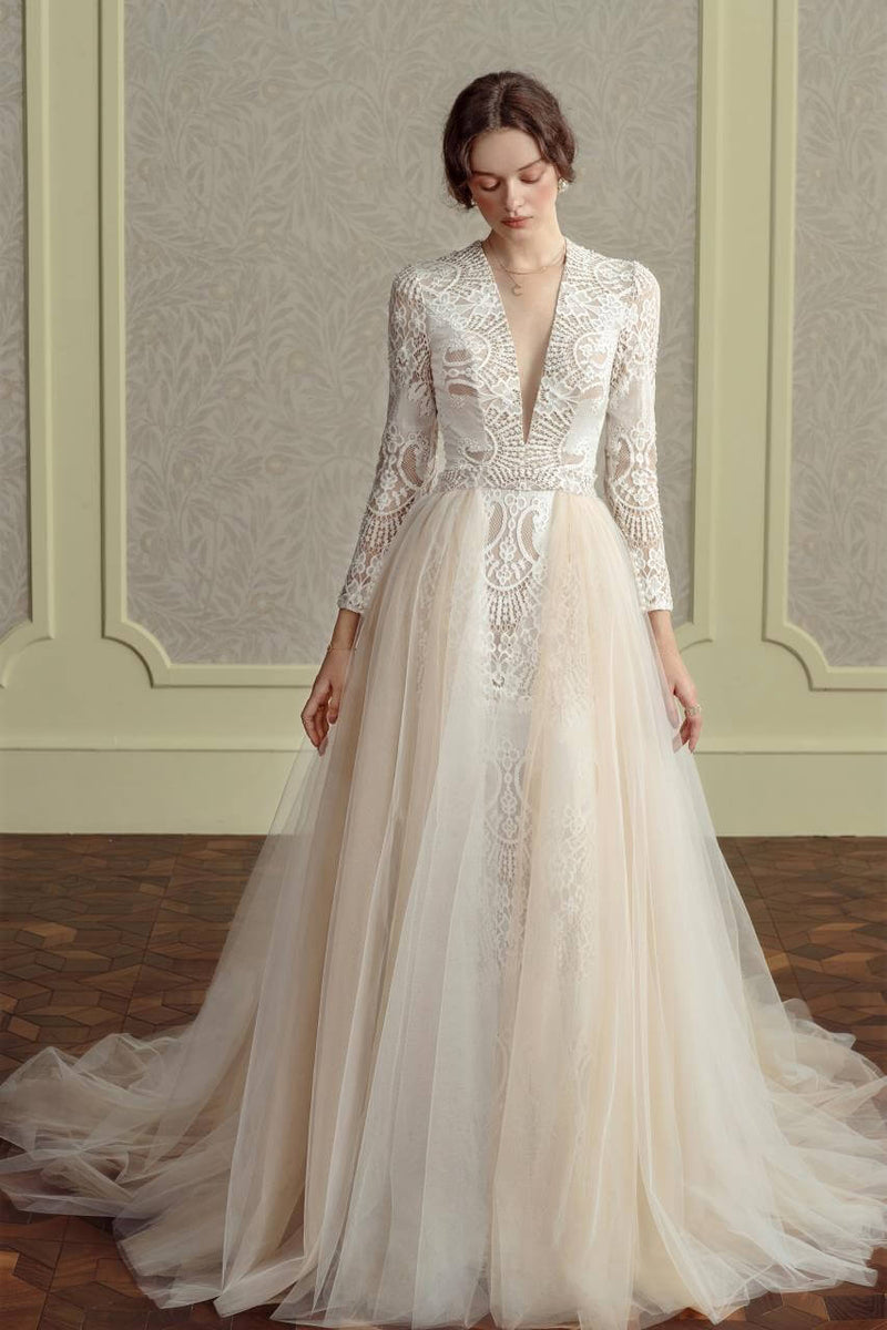 Diamond White Backless Long Sleeves Lace Wedding Dresses TM31102 Brielle NZ Bridal a