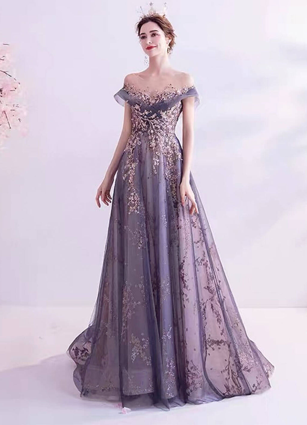 Dusty Purple Gold Beading Embroidery Formal Gown