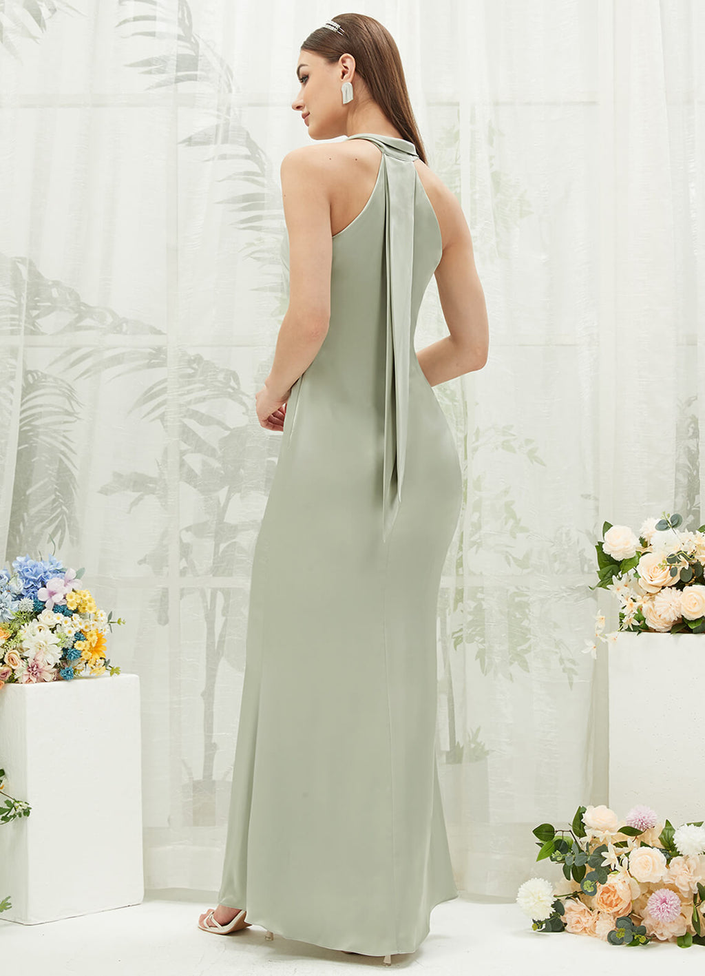  Sage Green Silk Satin Sheath Halter Neckline Sleeveless Floor Length Bridesmaid Dress Emerson for Women From NZ Bridal