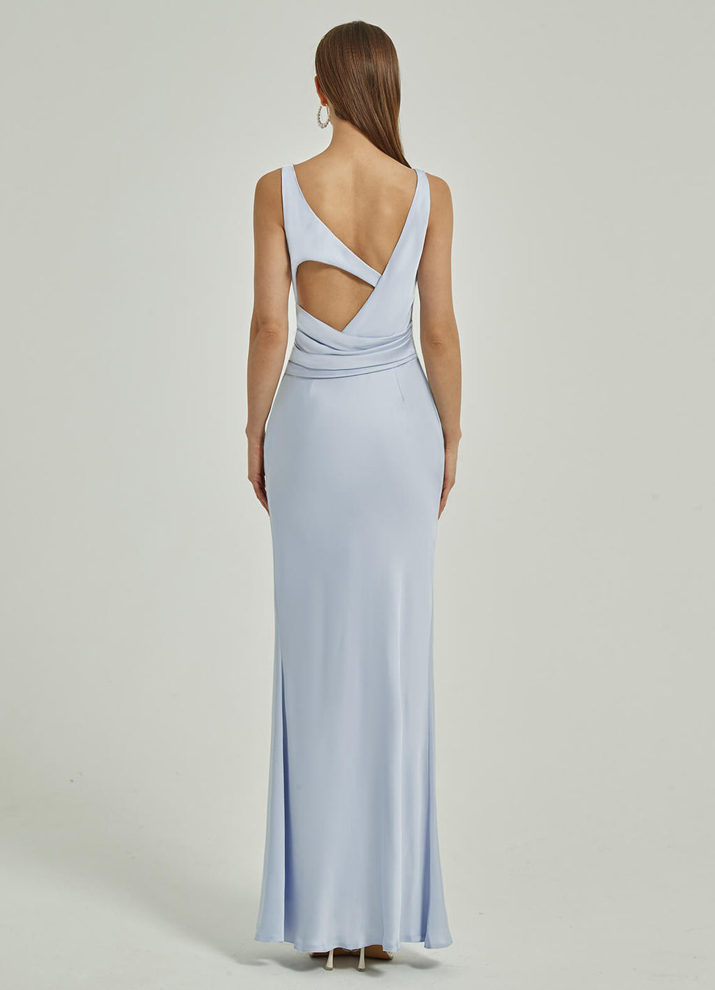 Cornflower Blue Satin Cowl Neck Strapless Sheath Floor Length Cut Out Floor Length  Bridesmaid Dress Vivian