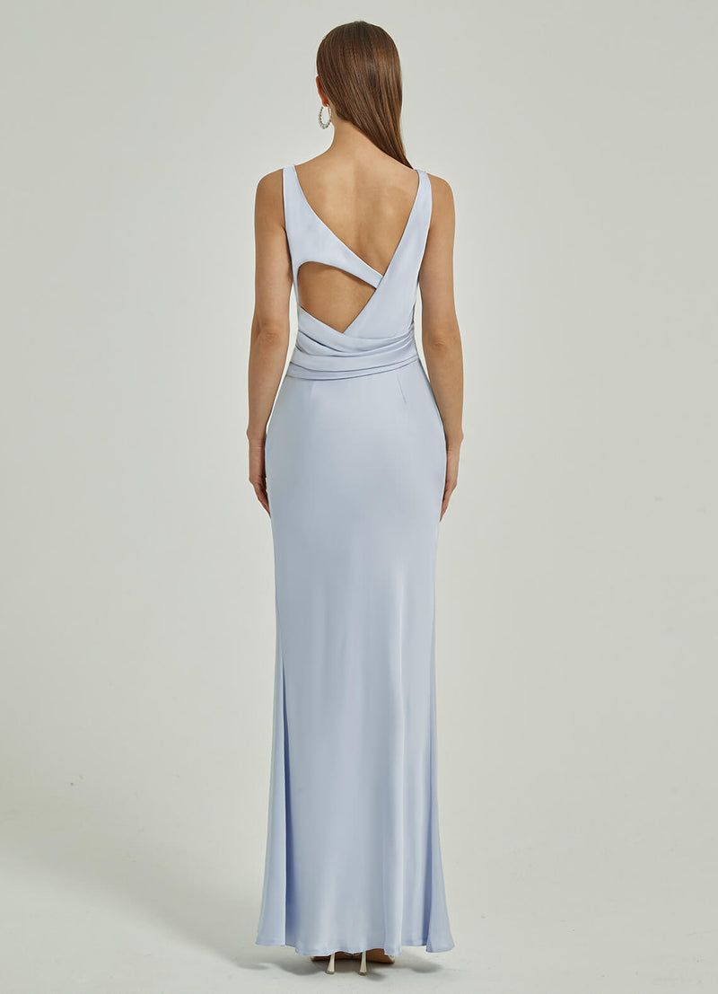 Cornflower Blue Satin Cowl Neck Strapless Sheath Floor Length Cut Out Floor Length Bridesmaid Dress-Vivian