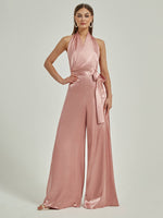 Dusty Pink Satin Crisscross Halter Sleeveless Backless Wide-Leg  Floor Length Jumpsuits Romper Poppy