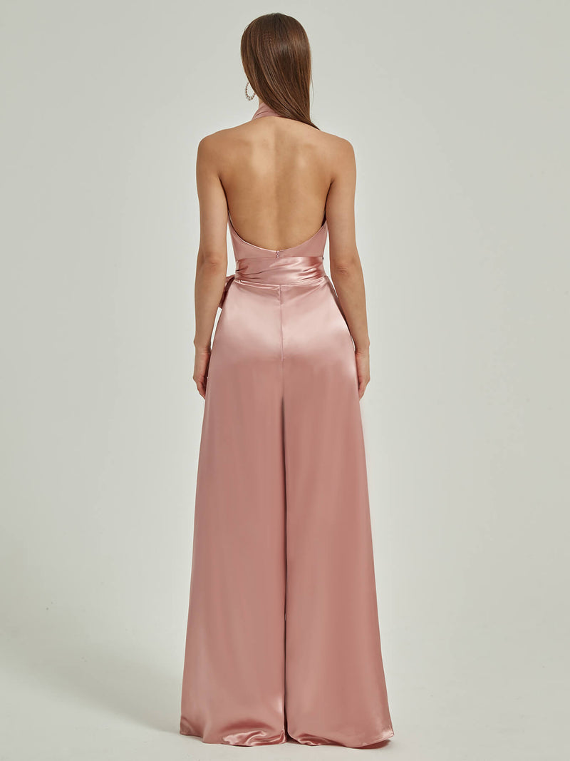 Dusty Pink Satin Crisscross Halter Sleeveless Backless Wide-Leg Floor Length Jumpsuits Romper-Poppy