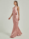 Pink Satin Crisscross Halter Sleeveless Backless Wide-Leg Floor Length Jumpsuits Romper Poppy