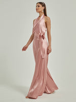 Pink Satin Crisscross Halter Sleeveless Backless Wide-Leg Floor Length Jumpsuits Romper Poppy