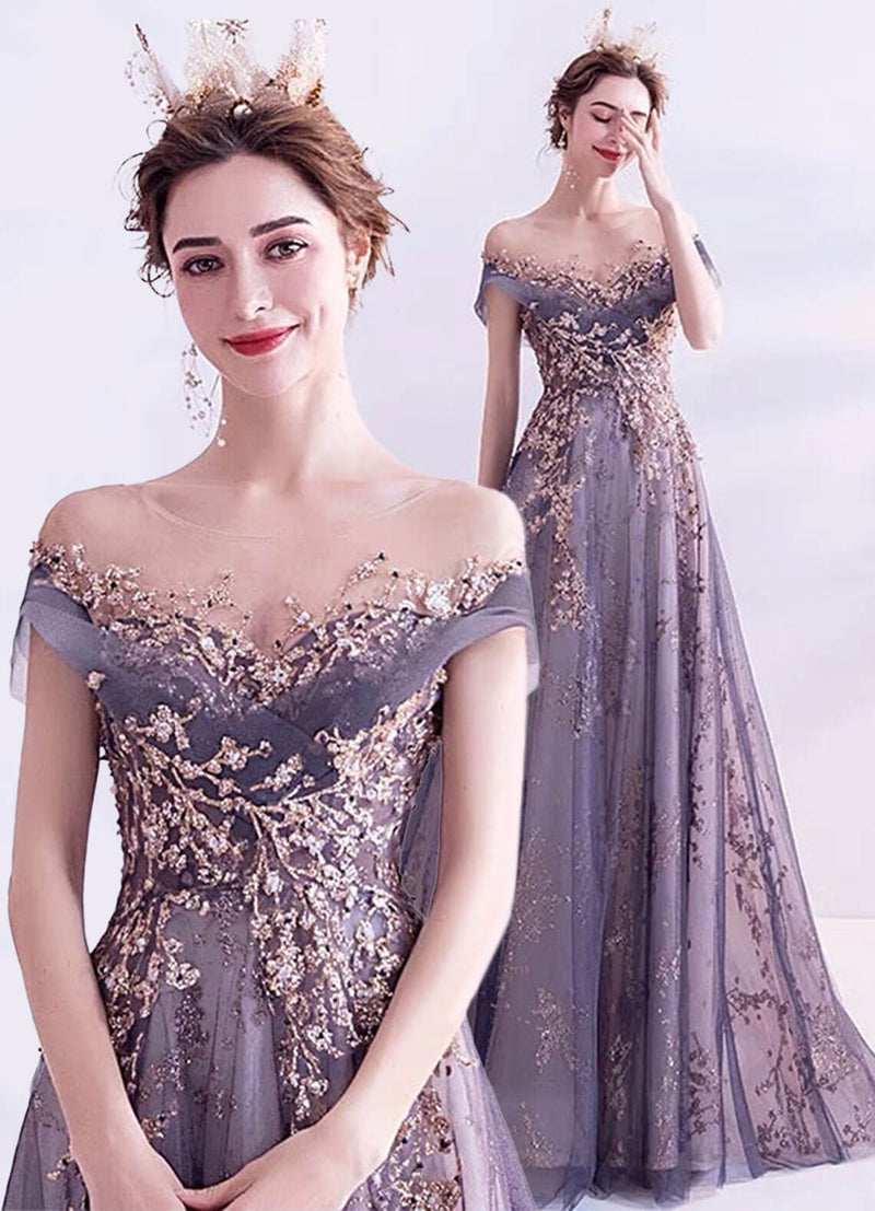 Elegant Tulle Fabric Embroidery Formal Gown