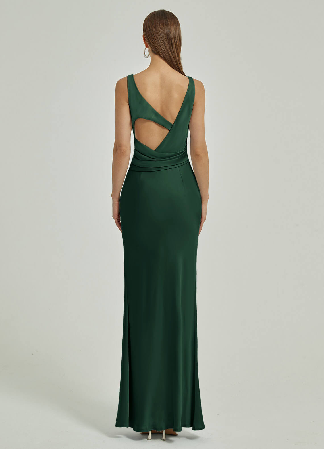 Emerald Green Silk Satin Cowl Neck Sheath Backless Maxi Bridesmaid Dre