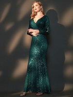 [Final Sale] Red Sequin V-Neck Long Sleeve Floor Length Formal Mermaid Evening Dress