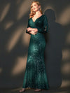 Champagne Gold Sequin V-Neck Long Sleeve Formal Mermaid Evening Dress