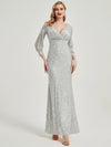 Apricot Grey Sequin Slit Long Sleeve Maxi Formal Mermaid Evening Dress