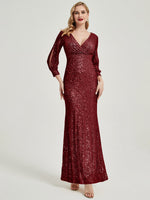 Burgundy Sequin V-Neck Long Sleeve Maxi Formal Mermaid Evening Dress
