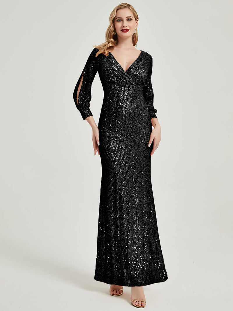 Black Sequin V-Neck Long Sleeve Maxi Formal Mermaid Evening Dress
