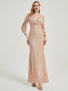 Champagne Gold Sequin V-Neck Long Sleeve Formal Mermaid Evening Dress