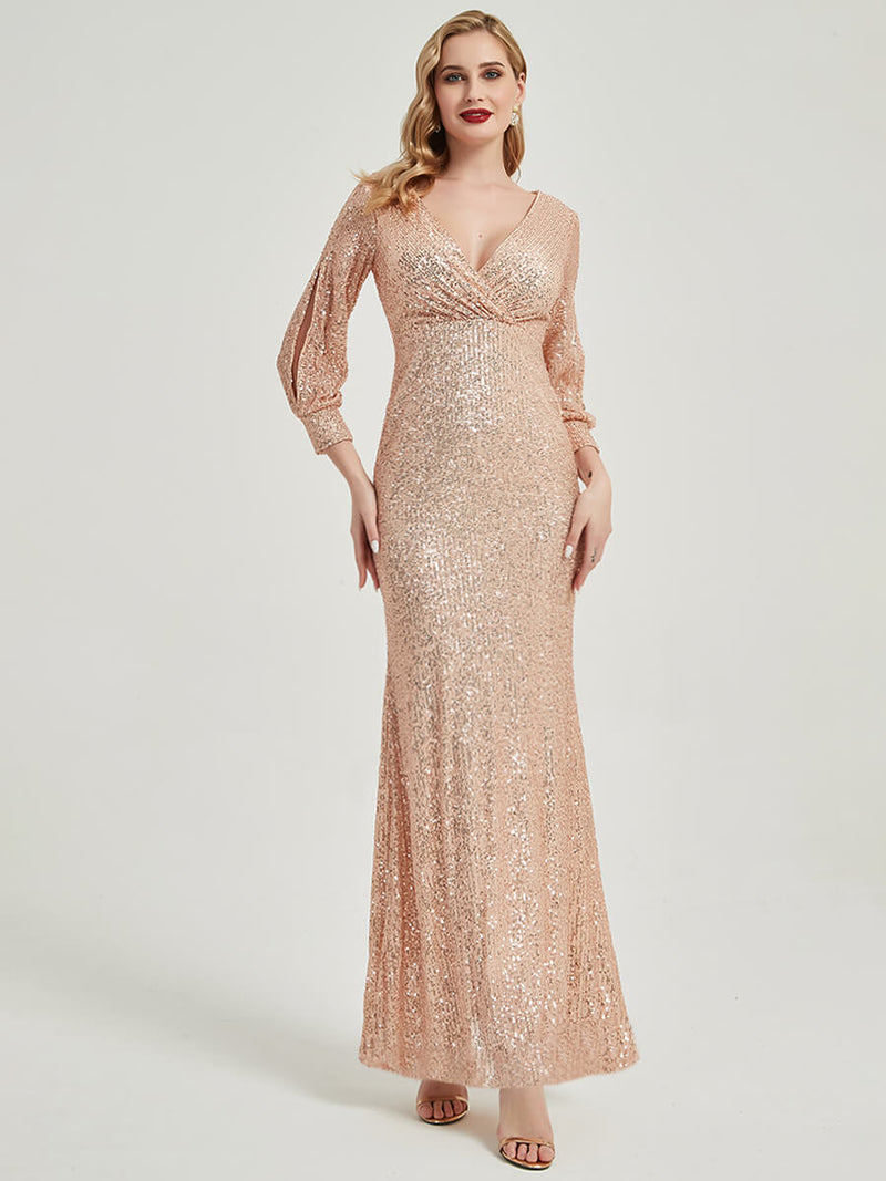 Champagne Gold Sequin V-Neck Long Sleeve Formal Mermaid Evening Dress