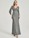 Steel Grey Sequin V-Neck Long Sleeve Maxi Formal Mermaid Evening Dress
