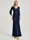 Dark Navy Sequin V-Neck Long Sleeve Maxi Formal Mermaid Evening Dress