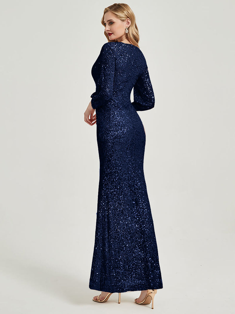 Dark Navy Sequin V-Neck Long Sleeve Maxi Formal Mermaid Evening Dress