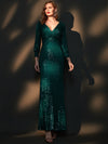 Emerald Green Sequin V-Neck Long Sleeve Formal Mermaid Evening Dress