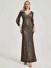 [Final Sale] Mocha Sequin V-Neck Long Sleeves Maxi Formal Mermaid Evening Dress