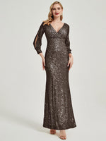 Mocha Sequin V-Neck Long Sleeves Maxi Formal Mermaid Evening Dress