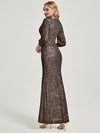 [Final Sale] Mocha Sequin V-Neck Long Sleeves Maxi Formal Mermaid Evening Dress